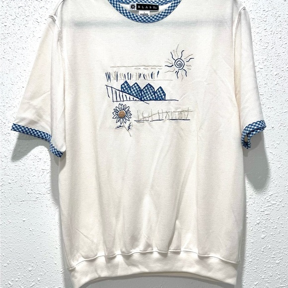 Blast gingham White and Blue Embroidered Women's Blouse L - Picture 6 of 6